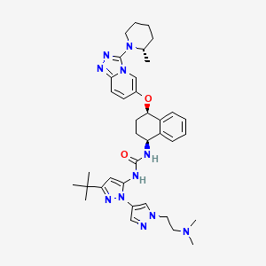 molecular formula C37H49N11O2 B10830984 Urea, N-(1'-(2-(dimethylamino)ethyl)-3-(1,1-dimethylethyl)(1,4'-bi-1H-pyrazol)-5-yl)-N'-((1S,4R)-1,2,3,4-tetrahydro-4-((3-((2S)-2-methyl-1-piperidinyl)-1,2,4-triazolo(4,3-a)pyridin-6-yl)oxy)-1-naphthalenyl)- CAS No. 1443242-46-3