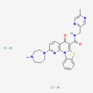 molecular formula C27H29Cl2N7O2S B10831243 2-(4-methyl-1,4-diazepan-1-yl)-N-[(5-methylpyrazin-2-yl)methyl]-5-oxo-[1,3]benzothiazolo[3,2-a][1,8]naphthyridine-6-carboxamide;dihydrochloride 