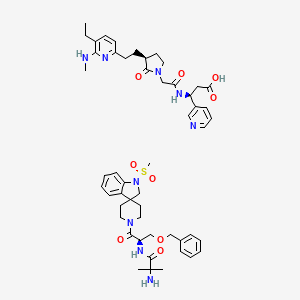 molecular formula C51H67N9O9S B10832225 2-amino-2-methyl-N-[(2R)-1-(1-methylsulfonylspiro[2H-indole-3,4'-piperidine]-1'-yl)-1-oxo-3-phenylmethoxypropan-2-yl]propanamide;(3S)-3-[[2-[(3S)-3-[2-[5-ethyl-6-(methylamino)pyridin-2-yl]ethyl]-2-oxopyrrolidin-1-yl]acetyl]amino]-3-pyridin-3-ylpropanoic acid 