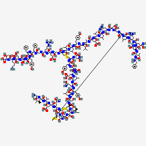 molecular formula C256H381N65O79S6 B10832281 (4S)-5-[(2S)-1-[2-[(2S)-1-[(2S)-1-[(2S)-1-[(2S,3R)-1-[(2S)-1-[(2S)-6-amino-1-[(1S,2R)-1-carboxy-2-hydroxypropyl]imino-1-hydroxyhexan-2-yl]imino-3-carboxy-1-hydroxypropan-2-yl]imino-1,3-dihydroxybutan-2-yl]imino-1-hydroxy-3-(4-hydroxyphenyl)propan-2-yl]imino-1-hydroxy-3-phenylpropan-2-yl]imino-1-hydroxy-3-phenylpropan-2-yl]imino-2-hydroxyethyl]imino-5-carbamimidamido-1-hydroxypentan-2-yl]imino-4-[[2-[[[(1R,6R,12S,15S,18S,21S,24S,27S,30S,33S,36S,39S,42R,47R,50S,53S,56S,59S,62S,65S,68S,71S,74R,77S,80S,83S,88R)-88-[[(2S)-2-[[(2S)-2-[[(2S)-2-[[(2S,3S)-2-[(2-amino-1-hydroxyethylidene)amino]-1-hydroxy-3-methylpentylidene]amino]-1-hydroxy-3-methylbutylidene]amino]-4-carboxy-1-hydroxybutylidene]amino]-1,5-dihydroxy-5-iminopentylidene]amino]-6-[[(2S)-2-[[(2S)-2-[[(2S)-2-[[(2S)-2-[[(2S)-2-[[(2S)-2-amino-1-hydroxy-3-phenylpropylidene]amino]-1-hydroxy-3-methylbutylidene]amino]-1,4-dihydroxy-4-iminobutylidene]amino]-1,5-dihydroxy-5-iminopentylidene]amino]-1-hydroxy-3-(1H-imidazol-5-yl)propylidene]amino]-1-hydroxy-4-methylpentylidene]amino]-77-[(2S)-butan-2-yl]-24,56-bis(2-carboxyethyl)-47-[N-[(1S)-1-carboxy-3-hydroxy-3-iminopropyl]-C-hydroxycarbonimidoyl]-7,10,13,16,19,22,25,28,31,34,37,40,49,52,55,58,61,64,67,70,73,76,79,82,85,87-hexacosahydroxy-83-[(1R)-1-hydroxyethyl]-53-(2-hydroxy-2-iminoethyl)-62-(3-hydroxy-3-iminopropyl)-12,71,80-tris(hydroxymethyl)-33,50,65-tris[(4-hydroxyphenyl)methyl]-15-(1H-imidazol-5-ylmethyl)-27-methyl-18,30,36,59,68-pentakis(2-methylpropyl)-21,39-di(propan-2-yl)-3,4,44,45,90,91-hexathia-8,11,14,17,20,23,26,29,32,35,38,41,48,51,54,57,60,63,66,69,72,75,78,81,84,86-hexacosazabicyclo[72.11.7]dononaconta-7,10,13,16,19,22,25,28,31,34,37,40,48,51,54,57,60,63,66,69,72,75,78,81,84,86-hexacosaen-42-yl]-hydroxymethylidene]amino]-1-hydroxyethylidene]amino]-5-hydroxypentanoic acid 