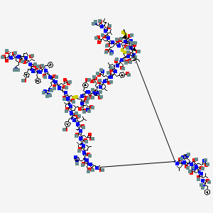 molecular formula C257H383N65O77S6 B10832370 (4S)-5-[(2S)-1-[2-[(2S)-1-[(2S)-1-[(2S)-1-[(2S,3R)-1-[(2S)-2-[N-[(2S)-6-amino-1-[(1S,2R)-1-carboxy-2-hydroxypropyl]imino-1-hydroxyhexan-2-yl]-C-hydroxycarbonimidoyl]pyrrolidin-1-yl]-3-hydroxy-1-oxobutan-2-yl]imino-1-hydroxy-3-(4-hydroxyphenyl)propan-2-yl]imino-1-hydroxy-3-phenylpropan-2-yl]imino-1-hydroxy-3-phenylpropan-2-yl]imino-2-hydroxyethyl]imino-5-carbamimidamido-1-hydroxypentan-2-yl]imino-4-[[2-[[[(1R,6R,12S,15S,18S,21S,24S,27S,30S,33S,36S,39S,42R,47R,50S,53S,56S,59S,62S,65S,68S,71S,74R,77S,80S,83S,88R)-88-[[(2S)-2-[[(2S)-2-[[(2S)-2-[[(2S,3S)-2-[(2-amino-1-hydroxyethylidene)amino]-1-hydroxy-3-methylpentylidene]amino]-1-hydroxy-3-methylbutylidene]amino]-4-carboxy-1-hydroxybutylidene]amino]-1,5-dihydroxy-5-iminopentylidene]amino]-6-[[(2S)-2-[[(2S)-2-[[(2S)-2-[[(2S)-2-[[(2S)-2-[[(2S)-2-amino-1-hydroxy-3-phenylpropylidene]amino]-1-hydroxy-3-methylbutylidene]amino]-1,4-dihydroxy-4-iminobutylidene]amino]-1,5-dihydroxy-5-iminopentylidene]amino]-1-hydroxy-3-(1H-imidazol-5-yl)propylidene]amino]-1-hydroxy-4-methylpentylidene]amino]-77-[(2S)-butan-2-yl]-24,56-bis(2-carboxyethyl)-47-[N-[(1S)-1-carboxy-3-hydroxy-3-iminopropyl]-C-hydroxycarbonimidoyl]-7,10,13,16,19,22,25,28,31,34,37,40,49,52,55,58,61,64,67,70,73,76,79,82,85,87-hexacosahydroxy-83-[(1R)-1-hydroxyethyl]-53-(2-hydroxy-2-iminoethyl)-62-(3-hydroxy-3-iminopropyl)-12,71,80-tris(hydroxymethyl)-33,50,65-tris[(4-hydroxyphenyl)methyl]-15-(1H-imidazol-5-ylmethyl)-27-methyl-18,30,36,59,68-pentakis(2-methylpropyl)-21,39-di(propan-2-yl)-3,4,44,45,90,91-hexathia-8,11,14,17,20,23,26,29,32,35,38,41,48,51,54,57,60,63,66,69,72,75,78,81,84,86-hexacosazabicyclo[72.11.7]dononaconta-7,10,13,16,19,22,25,28,31,34,37,40,48,51,54,57,60,63,66,69,72,75,78,81,84,86-hexacosaen-42-yl]-hydroxymethylidene]amino]-1-hydroxyethylidene]amino]-5-hydroxypentanoic acid 