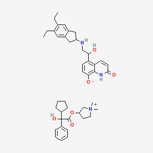 molecular formula C43H55N3O6 B10832385 5-[2-[(5,6-diethyl-2,3-dihydro-1H-inden-2-yl)amino]-1-hydroxyethyl]-2-oxo-1H-quinolin-8-olate;(1,1-dimethylpyrrolidin-1-ium-3-yl) 2-cyclopentyl-2-hydroxy-2-phenylacetate 