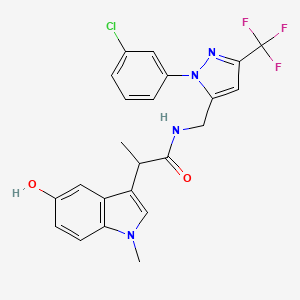 molecular formula C23H20ClF3N4O2 B10834400 N-[[2-(3-chlorophenyl)-5-(trifluoromethyl)pyrazol-3-yl]methyl]-2-(5-hydroxy-1-methylindol-3-yl)propanamide 