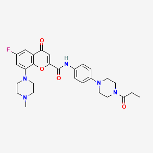 molecular formula C28H32FN5O4 B10837641 6-fluoro-8-(4-methylpiperazin-1-yl)-4-oxo-N-[4-(4-propanoylpiperazin-1-yl)phenyl]chromene-2-carboxamide CAS No. 442548-99-4