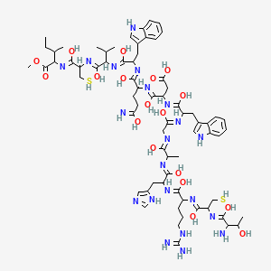 molecular formula C70H101N21O18S2 B10846484 3-[[2-[[2-[[2-[[2-[[2-[[2-[(2-amino-1,3-dihydroxybutylidene)amino]-1-hydroxy-3-sulfanylpropylidene]amino]-5-carbamimidamido-1-hydroxypentylidene]amino]-1-hydroxy-3-(1H-imidazol-5-yl)propylidene]amino]-1-hydroxypropylidene]amino]-1-hydroxyethylidene]amino]-1-hydroxy-3-(1H-indol-3-yl)propylidene]amino]-4-[1,5-dihydroxy-1-[1-hydroxy-1-[1-hydroxy-1-[1-hydroxy-1-(1-methoxy-3-methyl-1-oxopentan-2-yl)imino-3-sulfanylpropan-2-yl]imino-3-methylbutan-2-yl]imino-3-(1H-indol-3-yl)propan-2-yl]imino-5-iminopentan-2-yl]imino-4-hydroxybutanoic acid 