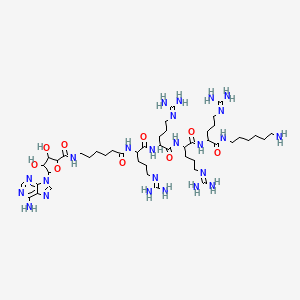 molecular formula C46H84N24O9 B10846596 N-[6-[[1-[[1-[[1-[[1-(6-aminohexylamino)-5-(diaminomethylideneamino)-1-oxopentan-2-yl]amino]-5-(diaminomethylideneamino)-1-oxopentan-2-yl]amino]-5-(diaminomethylideneamino)-1-oxopentan-2-yl]amino]-5-(diaminomethylideneamino)-1-oxopentan-2-yl]amino]-6-oxohexyl]-5-(6-aminopurin-9-yl)-3,4-dihydroxyoxolane-2-carboxamide 