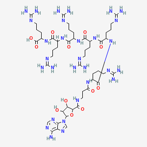 molecular formula C49H88N30O12 B10846611 2-[[2-[[2-[[2-[[2-[[2-[3-[[5-(6-Aminopurin-9-yl)-3,4-dihydroxyoxolane-2-carbonyl]amino]propanoylamino]-5-(diaminomethylideneamino)pentanoyl]amino]-5-(diaminomethylideneamino)pentanoyl]amino]-5-(diaminomethylideneamino)pentanoyl]amino]-5-(diaminomethylideneamino)pentanoyl]amino]-5-(diaminomethylideneamino)pentanoyl]amino]-5-(diaminomethylideneamino)pentanoic acid 