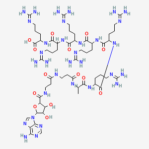 molecular formula C55H98N32O14 B10846642 2-[[2-[[2-[[2-[[2-[[2-[2-[3-[3-[[5-(6-Aminopurin-9-yl)-3,4-dihydroxyoxolane-2-carbonyl]amino]propanoylamino]propanoylamino]propanoylamino]-5-(diaminomethylideneamino)pentanoyl]amino]-5-(diaminomethylideneamino)pentanoyl]amino]-5-(diaminomethylideneamino)pentanoyl]amino]-5-(diaminomethylideneamino)pentanoyl]amino]-5-(diaminomethylideneamino)pentanoyl]amino]-5-(diaminomethylideneamino)pentanoic acid 