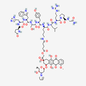 [2-[(2S,4S)-4-[(2R,4S,5S,6S)-4-(2,3-dihydropyrrol-1-yl)-5-hydroxy-6-methyloxan-2-yl]oxy-2,5,12-trihydroxy-7-methoxy-6,11-dioxo-3,4-dihydro-1H-tetracen-2-yl]-2-oxoethyl] 5-[[(5R)-6-[[(2S)-1-[[(2S)-1-[(2S)-2-[(2-amino-2-oxoethyl)carbamoyl]pyrrolidin-1-yl]-5-carbamimidamido-1-oxopentan-2-yl]amino]-4-methyl-1-oxopentan-2-yl]amino]-5-[[(2S)-2-[[(2S)-3-hydroxy-2-[[(2S)-2-[[(2S)-3-(1H-imidazol-5-yl)-2-[[(2S)-5-oxopyrrolidine-2-carbonyl]amino]propanoyl]amino]-3-(1H-indol-3-yl)propanoyl]amino]propanoyl]amino]-3-(4-hydroxyphenyl)propanoyl]amino]-6-oxohexyl]amino]-5-oxopentanoate