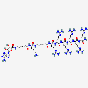 molecular formula C64H118N34O13 B10846800 (2S,3S,4R,5R)-N-[6-[[(2R)-6-amino-1-[[6-[[(2R)-1-[[(2R)-1-[[(2R)-1-[[(2R)-1-[[(2R)-1-[[(2R)-1-amino-5-(diaminomethylideneamino)-1-oxopentan-2-yl]amino]-5-(diaminomethylideneamino)-1-oxopentan-2-yl]amino]-5-(diaminomethylideneamino)-1-oxopentan-2-yl]amino]-5-(diaminomethylideneamino)-1-oxopentan-2-yl]amino]-5-(diaminomethylideneamino)-1-oxopentan-2-yl]amino]-5-(diaminomethylideneamino)-1-oxopentan-2-yl]amino]-6-oxohexyl]amino]-1-oxohexan-2-yl]amino]-6-oxohexyl]-5-(6-aminopurin-9-yl)-3,4-dihydroxyoxolane-2-carboxamide 