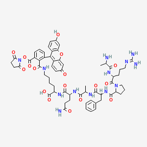 2-[[5-Amino-2-[2-[[2-[[1-[2-(2-aminopropanoylamino)-5-(diaminomethylideneamino)pentanoyl]pyrrolidine-2-carbonyl]amino]-3-phenylpropanoyl]amino]propanoylamino]-5-oxopentanoyl]amino]-6-[[2-(2,5-dioxopyrrolidin-1-yl)oxycarbonyl-6-(3-hydroxy-6-oxoxanthen-9-yl)benzoyl]amino]hexanoic acid