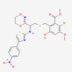 molecular formula C24H23BrN4O8S2 B10846995 Methyl 2-bromo-6-[[2-(5,6-dihydro-1,4,2-dioxazin-3-yl)-2-[[4-(4-nitrophenyl)-1,3-thiazol-2-yl]amino]ethyl]sulfanylmethyl]-5-hydroxy-3-methoxybenzoate 