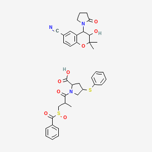 molecular formula C38H41N3O8S2 B10847138 1-(3-Benzoylsulfinyl-2-methylpropanoyl)-4-phenylsulfanylpyrrolidine-2-carboxylic acid;3-hydroxy-2,2-dimethyl-4-(2-oxopyrrolidin-1-yl)-3,4-dihydrochromene-6-carbonitrile 