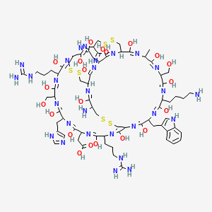 2-[47-amino-30-(4-aminobutyl)-9,21-bis(3-carbamimidamidopropyl)-8,11,14,17,20,23,26,29,32,35,38,41,44,46,58-pentadecahydroxy-56-(C-hydroxycarbonimidoyl)-42-(2-hydroxy-2-iminoethyl)-12,33-bis(hydroxymethyl)-15-(1H-imidazol-5-ylmethyl)-27-(1H-indol-3-ylmethyl)-36-methyl-3,4,49,50,53,54-hexathia-7,10,13,16,19,22,25,28,31,34,37,40,43,45,57-pentadecazatricyclo[22.20.7.76,39]octapentaconta-7,10,13,16,19,22,25,28,31,34,37,40,43,45,57-pentadecaen-18-yl]acetic acid