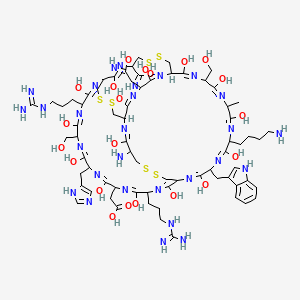 2-[47-amino-30-(4-aminobutyl)-9,21-bis(3-carbamimidamidopropyl)-8,11,14,17,20,23,26,29,32,35,38,41,44,46,58-pentadecahydroxy-56-(C-hydroxycarbonimidoyl)-42-(2-hydroxy-2-iminoethyl)-12,36-bis(hydroxymethyl)-15-(1H-imidazol-5-ylmethyl)-27-(1H-indol-3-ylmethyl)-33-methyl-3,4,49,50,53,54-hexathia-7,10,13,16,19,22,25,28,31,34,37,40,43,45,57-pentadecazatricyclo[22.20.7.76,39]octapentaconta-7,10,13,16,19,22,25,28,31,34,37,40,43,45,57-pentadecaen-18-yl]acetic acid