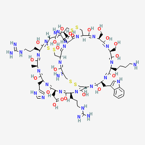 molecular formula C70H106N28O21S6 B10847667 2-[(1R,6R,9S,12S,15S,18S,21S,24R,27S,30S,33S,36S,39R,42R,47R,56R)-47-amino-30-(4-aminobutyl)-9,21-bis(3-carbamimidamidopropyl)-8,11,14,17,20,23,26,29,32,35,38,41,44,46,58-pentadecahydroxy-56-(C-hydroxycarbonimidoyl)-42-(2-hydroxy-2-iminoethyl)-33,36-bis(hydroxymethyl)-15-(1H-imidazol-5-ylmethyl)-27-(1H-indol-3-ylmethyl)-12-methyl-3,4,49,50,53,54-hexathia-7,10,13,16,19,22,25,28,31,34,37,40,43,45,57-pentadecazatricyclo[22.20.7.76,39]octapentaconta-7,10,13,16,19,22,25,28,31,34,37,40,43,45,57-pentadecaen-18-yl]acetic acid 