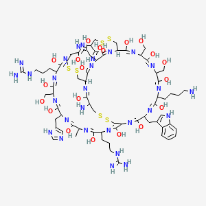 47-amino-30-(4-aminobutyl)-9,21-bis(3-carbamimidamidopropyl)-8,11,14,17,20,23,26,29,32,35,38,41,44,46,58-pentadecahydroxy-42-(2-hydroxy-2-iminoethyl)-12,33,36-tris(hydroxymethyl)-15-(1H-imidazol-5-ylmethyl)-27-(1H-indol-3-ylmethyl)-18-methyl-3,4,49,50,53,54-hexathia-7,10,13,16,19,22,25,28,31,34,37,40,43,45,57-pentadecazatricyclo[22.20.7.76,39]octapentaconta-7,10,13,16,19,22,25,28,31,34,37,40,43,45,57-pentadecaene-56-carboximidic acid