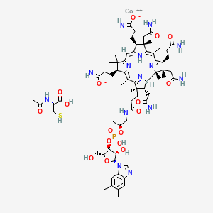 molecular formula C67H97CoN14O17PS B10848014 (2R)-2-acetamido-3-sulfanylpropanoic acid;cobalt(2+);3-[(1R,2S,3S,5Z,7S,8S,9Z,13S,14Z,17R,18R,19R)-2,7,18-tris(2-amino-2-oxoethyl)-3-(3-amino-3-oxopropyl)-17-[3-[[(2S)-2-[[(2R,3S,4R,5S)-5-(5,6-dimethylbenzimidazol-1-yl)-4-hydroxy-2-(hydroxymethyl)oxolan-3-yl]oxy-hydroxyphosphoryl]oxypropyl]amino]-3-oxopropyl]-13-(3-imino-3-oxidopropyl)-1,2,5,7,12,12,15,17-octamethyl-3,8,13,18,19,22-hexahydrocorrin-8-yl]propanimidate 