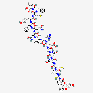 molecular formula C107H136N22O27S3 B10848871 (3S)-2-[[(2S)-2-[[(2S)-2-[[(2S)-2-[[(2S)-2-[[(2S)-2-[[(2S)-2-[[(3S)-2-[[(2S)-2-[[(2S)-4-carboxy-2-[[(2S)-2-[[(2S)-2-[[(2S)-1,4-dihydroxy-2-[[(2S)-1-hydroxy-2-[[(2S)-1-hydroxy-2-[[N-(3'-hydroxy-3-oxospiro[2-benzofuran-1,9'-xanthene]-4-yl)-C-sulfanylcarbonimidoyl]amino]-4-methylpentylidene]amino]-4-methylsulfanylbutylidene]amino]-4-iminobutylidene]amino]-1,4-dihydroxy-4-iminobutylidene]amino]-1-hydroxypropylidene]amino]-1-hydroxybutylidene]amino]-1-hydroxy-3-(1H-imidazol-5-yl)propylidene]amino]-1-hydroxy-3-methylpentylidene]amino]-1,4-dihydroxy-4-iminobutylidene]amino]-1,5-dihydroxy-5-iminopentylidene]amino]-1-hydroxy-3-phenylpropylidene]amino]-1-hydroxy-3-(4-hydroxyphenyl)propylidene]amino]-1-hydroxy-4-methylsulfanylbutylidene]amino]-1-hydroxy-3-phenylpropylidene]amino]-3-methylpentanoic acid 