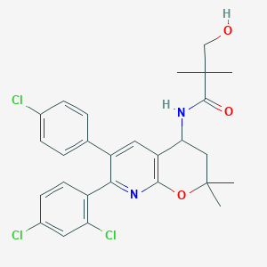 molecular formula C27H27Cl3N2O3 B10851129 N-(6-(4-Chlorophenyl)-7-(2,4-dichlorophenyl)-2,2-dimethyl-3,4-dihydro-2H-pyrano[2,3-B]pyridin-4-YL)-3-hydroxy-2,2-dimethylpropanamide (enantiomeric mix) 