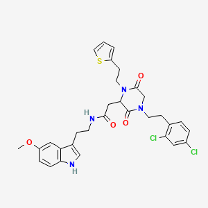 molecular formula C31H32Cl2N4O4S B10854259 2-(4-(2,4-Dichlorophenethyl)-3,6-dioxo-1-(2-(thiophen-2-yl)ethyl)piperazin-2-yl)-N-(2-(5-methoxy-1H-indol-3-yl)ethyl)acetamide CAS No. 1263477-83-3