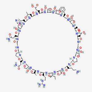 molecular formula C108H173N31O36 B10856125 3-[(3S,6S,9S,12S,15S,18S,21S,24S,30S,36S,39S,42S,45S,48S,51S,54S,57S,60S,63S,66S,72R)-21-(4-aminobutyl)-3,66-bis(3-amino-3-oxopropyl)-45-benzyl-15-[(2S)-butan-2-yl]-12-(3-carbamimidamidopropyl)-36-(carboxymethyl)-6,18,30,42,48,51,63-heptakis[(1R)-1-hydroxyethyl]-60-(1H-imidazol-5-ylmethyl)-39-methyl-57-(2-methylpropyl)-2,5,8,11,14,17,20,23,29,32,35,38,41,44,47,50,53,56,59,62,65,68,71-tricosaoxo-9-propan-2-yl-1,4,7,10,13,16,19,22,28,31,34,37,40,43,46,49,52,55,58,61,64,67,70-tricosazatricyclo[70.3.0.024,28]pentaheptacontan-54-yl]propanoic acid 