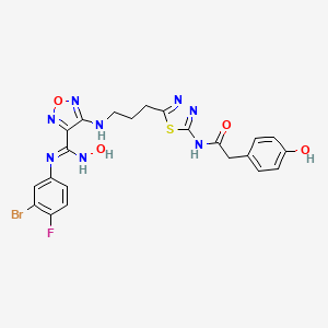 molecular formula C22H20BrFN8O4S B10857258 N-[5-[3-[[4-[N'-(3-bromo-4-fluorophenyl)-N-hydroxycarbamimidoyl]-1,2,5-oxadiazol-3-yl]amino]propyl]-1,3,4-thiadiazol-2-yl]-2-(4-hydroxyphenyl)acetamide 