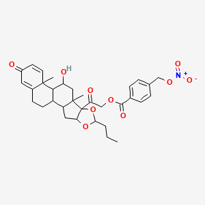 molecular formula C33H39NO10 B10858125 [2-(11-Hydroxy-9,13-dimethyl-16-oxo-6-propyl-5,7-dioxapentacyclo[10.8.0.02,9.04,8.013,18]icosa-14,17-dien-8-yl)-2-oxoethyl] 4-(nitrooxymethyl)benzoate 