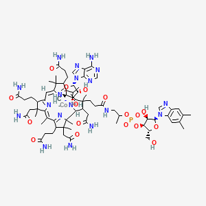 molecular formula C72H100CoN18O17P B10858268 (2S,3R,4S,5R)-2-(6-aminopurin-9-yl)-5-methanidyloxolane-3,4-diol;cobalt(3+);[(2R,3S,4R,5S)-5-(5,6-dimethylbenzimidazol-1-yl)-4-hydroxy-2-(hydroxymethyl)oxolan-3-yl] 1-[3-[(9Z,14Z)-2,13,18-tris(2-amino-2-oxoethyl)-7,12,17-tris(3-amino-3-oxopropyl)-3,5,8,8,13,15,18,19-octamethyl-2,7,12,17-tetrahydro-1H-corrin-21-id-3-yl]propanoylamino]propan-2-yl phosphate 