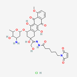 molecular formula C37H43ClN4O13 B10859577 N-[[1-[4-(4-amino-5-hydroxy-6-methyloxan-2-yl)oxy-2,5,12-trihydroxy-7-methoxy-6,11-dioxo-3,4-dihydro-1H-tetracen-2-yl]-2-hydroxyethylidene]amino]-6-(2,5-dioxopyrrol-1-yl)hexanamide;hydrochloride 