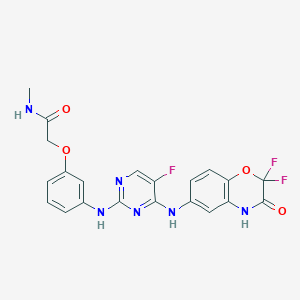 molecular formula C21H17F3N6O4 B10859650 2-[3-[[4-[(2,2-difluoro-3-oxo-4H-1,4-benzoxazin-6-yl)amino]-5-fluoropyrimidin-2-yl]amino]phenoxy]-N-methylacetamide CAS No. 575484-78-5