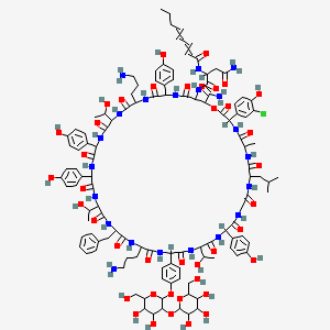 molecular formula C118H152ClN21O40 B10859766 N-[24,42-bis(3-aminopropyl)-27-benzyl-49-carbamoyl-3-(3-chloro-4-hydroxyphenyl)-21-[4-[4,5-dihydroxy-6-(hydroxymethyl)-3-[3,4,5-trihydroxy-6-(hydroxymethyl)oxan-2-yl]oxyoxan-2-yl]oxyphenyl]-18,30,39-tris(1-hydroxyethyl)-15,33,36,45-tetrakis(4-hydroxyphenyl)-6-methyl-9-(2-methylpropyl)-2,5,8,11,14,17,20,23,26,29,32,35,38,41,44,47-hexadecaoxo-1-oxa-4,7,10,13,16,19,22,25,28,31,34,37,40,43,46-pentadecazacyclononatetracont-48-yl]-2-(octa-2,4-dienoylamino)butanediamide 