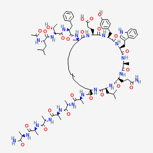 molecular formula C95H140N20O23 B10860406 3-[(2S,5S,8S,11S,14S,17S,20S,32R)-32-[[(2S)-2-[[(2S,3R)-2-[[(2S)-2-acetamido-4-methylpentanoyl]amino]-3-hydroxybutanoyl]amino]-3-phenylpropanoyl]amino]-20-[[(2S)-1-[[(2S)-1-[[(2S)-1-[[(2S)-1-[[(2S)-1-[[(2R)-1-amino-1-oxopropan-2-yl]amino]-1-oxopropan-2-yl]amino]-1-oxopropan-2-yl]amino]-1-oxopropan-2-yl]amino]-1-oxopropan-2-yl]amino]-1-oxopropan-2-yl]carbamoyl]-14-(3-amino-3-oxopropyl)-5-[(4-hydroxyphenyl)methyl]-8-(1H-indol-3-ylmethyl)-11,20,32-trimethyl-17-(2-methylpropyl)-3,6,9,12,15,18,33-heptaoxo-1,4,7,10,13,16,19-heptazacyclotritriacont-24-en-2-yl]propanoic acid CAS No. 1451199-98-6