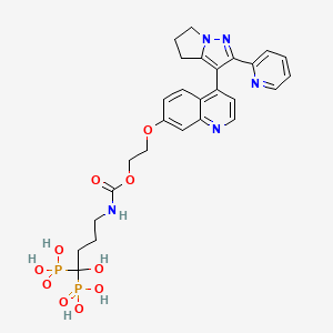 molecular formula C27H31N5O10P2 B10860934 (1-hydroxy-4-(((2-((4-(2-(pyridin-2-yl)-5,6-dihydro-4H-pyrrolo[1,2-b]pyrazol-3-yl)quinolin-7-yl)oxy)ethoxy)carbonyl)amino)butane-1,1-diyl)bis(hydrogen phosphonate) CAS No. 2409546-40-1