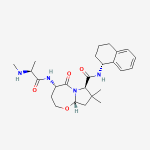 molecular formula C25H36N4O4 B10861137 (4S,7R,9aS)-8,8-dimethyl-4-[[(2S)-2-(methylamino)propanoyl]amino]-5-oxo-N-[(1R)-1,2,3,4-tetrahydronaphthalen-1-yl]-2,3,4,7,9,9a-hexahydropyrrolo[2,1-b][1,3]oxazepine-7-carboxamide 