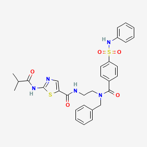 molecular formula C30H31N5O5S2 B10861932 2-(2-methylpropanoylamino)-~{N}-[2-[(phenylmethyl)-[4-(phenylsulfamoyl)phenyl]carbonyl-amino]ethyl]-1,3-thiazole-5-carboxamide 