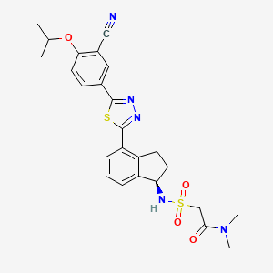 molecular formula C25H27N5O4S2 B10862338 (R)-2-(N-(4-(5-(3-cyano-4-isopropoxyphenyl)-1,3,4-thiadiazol-2-yl)-2,3-dihydro-1H-inden-1-yl)sulfamoyl)-N,N-dimethylacetamide 