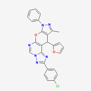 4-(4-chlorophenyl)-16-(furan-2-yl)-14-methyl-12-phenyl-10-oxa-3,5,6,8,12,13-hexazatetracyclo[7.7.0.02,6.011,15]hexadeca-1(9),2,4,7,11(15),13-hexaene