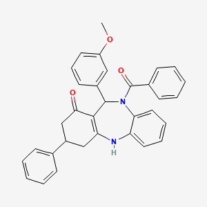 molecular formula C33H28N2O3 B10863457 11-(3-methoxyphenyl)-3-phenyl-10-(phenylcarbonyl)-2,3,4,5,10,11-hexahydro-1H-dibenzo[b,e][1,4]diazepin-1-one 