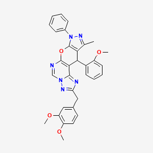 4-[(3,4-dimethoxyphenyl)methyl]-16-(2-methoxyphenyl)-14-methyl-12-phenyl-10-oxa-3,5,6,8,12,13-hexazatetracyclo[7.7.0.02,6.011,15]hexadeca-1(9),2,4,7,11(15),13-hexaene