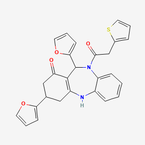 molecular formula C27H22N2O4S B10863628 3,11-DI(2-Furyl)-10-[2-(2-thienyl)acetyl]-2,3,4,5,10,11-hexahydro-1H-dibenzo[B,E][1,4]diazepin-1-one 