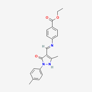 molecular formula C21H21N3O3 B10864148 ethyl 4-({(E)-[3-methyl-1-(4-methylphenyl)-5-oxo-1,5-dihydro-4H-pyrazol-4-ylidene]methyl}amino)benzoate 