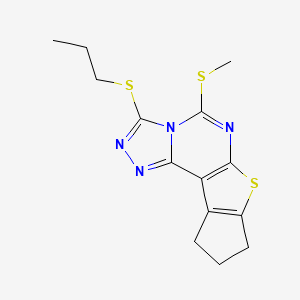 molecular formula C14H16N4S3 B10864536 5-(methylsulfanyl)-3-(propylsulfanyl)-9,10-dihydro-8H-cyclopenta[4,5]thieno[3,2-e][1,2,4]triazolo[4,3-c]pyrimidine 