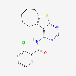 molecular formula C18H16ClN3OS B10864594 2-chloro-N-(6,7,8,9-tetrahydro-5H-cyclohepta[4,5]thieno[2,3-d]pyrimidin-4-yl)benzamide 