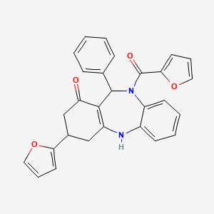 molecular formula C28H22N2O4 B10864721 3-(2-Furyl)-10-(2-furylcarbonyl)-11-phenyl-2,3,4,5,10,11-hexahydro-1H-dibenzo[B,E][1,4]diazepin-1-one 