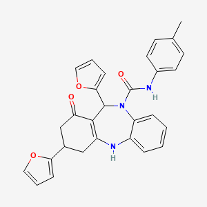 molecular formula C29H25N3O4 B10864775 3,11-DI(2-Furyl)-N-(4-methylphenyl)-1-oxo-1,2,3,4,5,11-hexahydro-10H-dibenzo[B,E][1,4]diazepine-10-carboxamide 