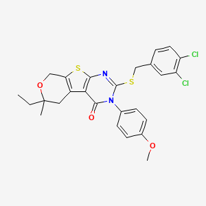 molecular formula C26H24Cl2N2O3S2 B10864827 5-[(3,4-dichlorophenyl)methylsulfanyl]-12-ethyl-4-(4-methoxyphenyl)-12-methyl-11-oxa-8-thia-4,6-diazatricyclo[7.4.0.02,7]trideca-1(9),2(7),5-trien-3-one 