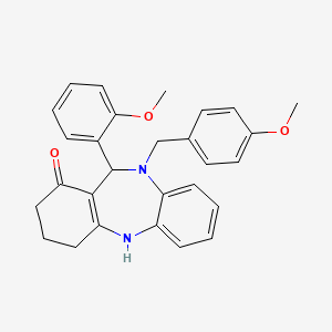 molecular formula C28H28N2O3 B10865234 10-(4-methoxybenzyl)-11-(2-methoxyphenyl)-2,3,4,5,10,11-hexahydro-1H-dibenzo[b,e][1,4]diazepin-1-one 