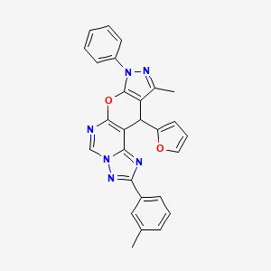 molecular formula C27H20N6O2 B10865307 16-(furan-2-yl)-14-methyl-4-(3-methylphenyl)-12-phenyl-10-oxa-3,5,6,8,12,13-hexazatetracyclo[7.7.0.02,6.011,15]hexadeca-1(9),2,4,7,11(15),13-hexaene 