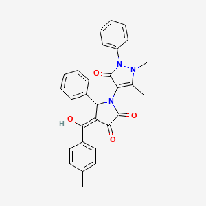 molecular formula C29H25N3O4 B10865753 4-{3-hydroxy-4-[(4-methylphenyl)carbonyl]-2-oxo-5-phenyl-2,5-dihydro-1H-pyrrol-1-yl}-1,5-dimethyl-2-phenyl-1,2-dihydro-3H-pyrazol-3-one 